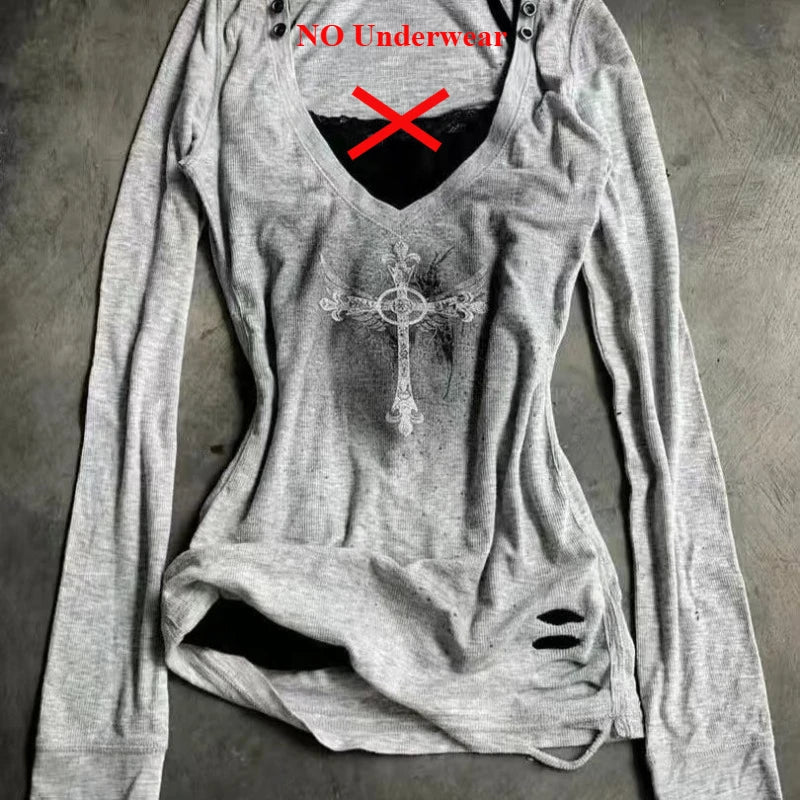 Deeptown Y2k Grau Gothic Grafik Damen T-Shirts Grunge Vintage Hollow Out V-Ausschnitt Langarm T-Shirts Slim Punk Gyaru Streetwear So ist Leben