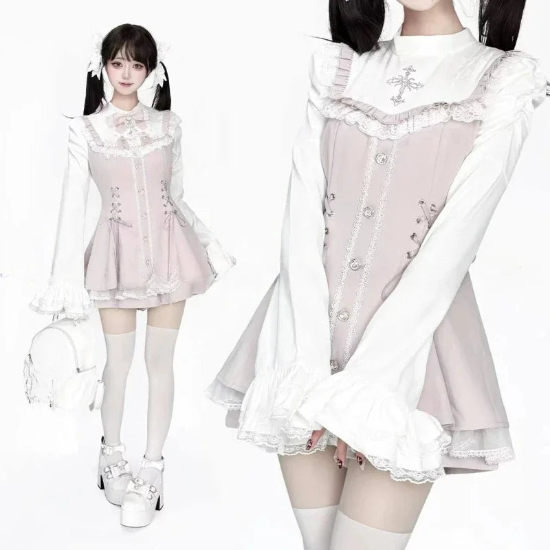 Gothic Lolita Zweiteiler Damen – Modernes A‑Linien Set - So ist Leben