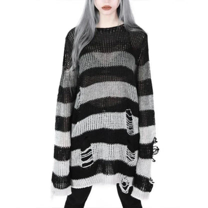 Goth Punk Gothic Pullover Übergroße Pullover Frauen Gestreiften Cool Aushöhlen Loch Gebrochen Jumper Harajuku Ästhetik Pullover So ist Leben