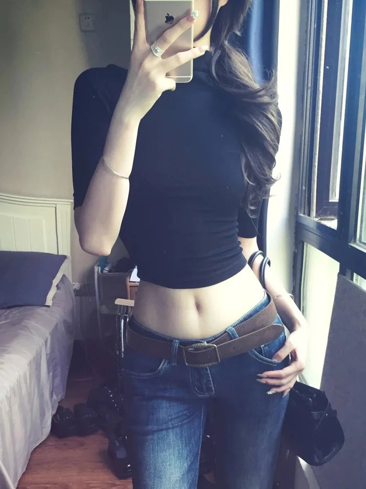 Genayooa Y2k Vintage T-shirt Frauen Drei Viertel Solid Black Crop Tops Schlank Rollkragen T-shirts Streetwear Japanische 2000er Jahre Tops So ist Leben