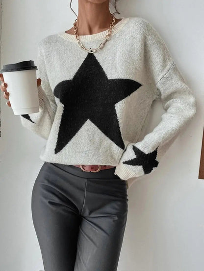Stern Pullover Pullover Frauen Herbst Frühling Einfache Strick Elastische Pullover Jumper Casual Dicke Warme Schwarz Weiß Grundlegendes Jumper So ist Leben