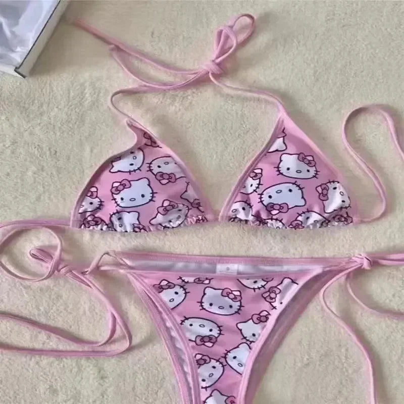 Sanrio Hello Kitty Kawaii Bikinis Set Niedlicher Cartoon Anime Sommer Strand Weiche Seite Riemchenhöschen Kawaii Badeanzug Sexy Bikini Y2k So ist Leben
