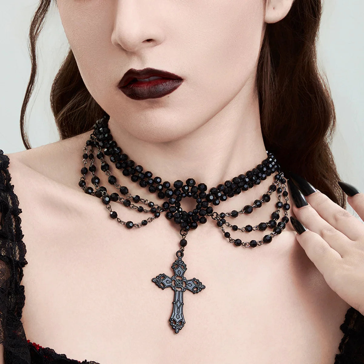 Schwarze Spitze Schlüsselbeinkette, Vintage Kreuz Kristall Perlen Quaste Halskette, Halloween Kragen Zubehör So ist Leben