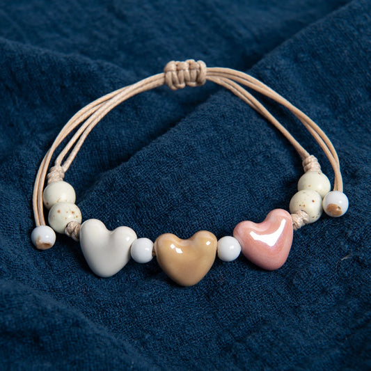Handgefertigtes mehrfarbiges dreifaches Herz-Armband aus Keramik, verstellbare Wachsschnur, minimalistischer Boho-Stil für Paare und Freunde So ist Leben