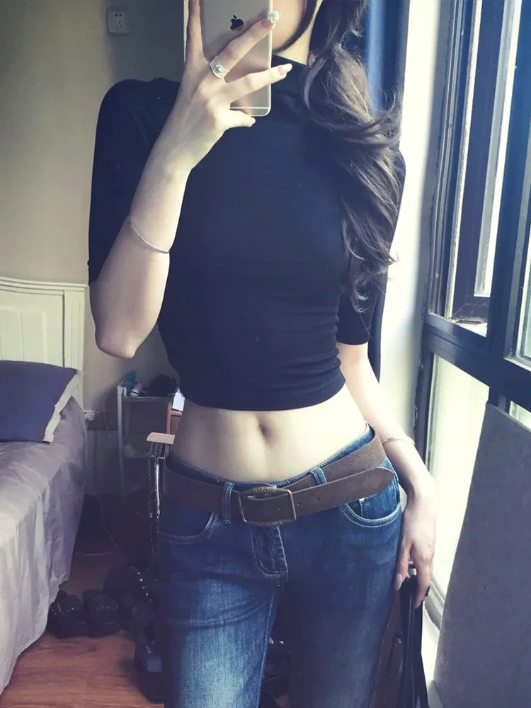 Genayooa Y2k Vintage T-shirt Frauen Drei Viertel Solid Black Crop Tops Schlank Rollkragen T-shirts Streetwear Japanische 2000er Jahre Tops So ist Leben