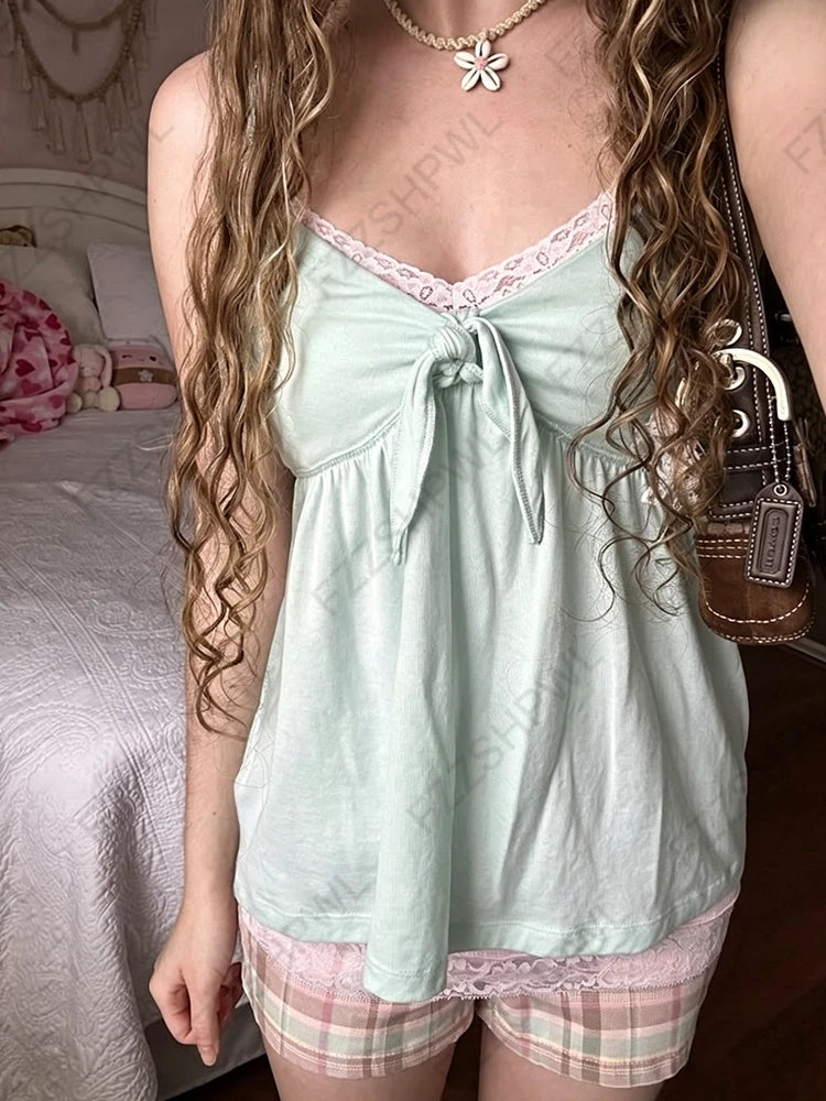 Y2K Japanisches Sommer-Damen-Camisole-Top, sexy, süß, schlank, modisch, lässig, Spitze, einfarbig, Crop-T-Shirt, Kawaii, süß, mädchenhaft, Streetwear So ist Leben