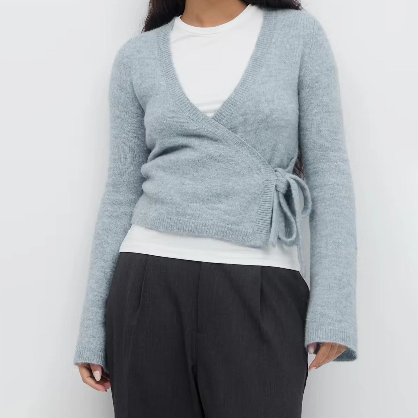Frauen Krawatte Vorne Wrap Strickjacke Tops Y2K Einfarbig V-ausschnitt Langarm Crop Knit Pullover Casual Winter Herbst Kleidung So ist Leben