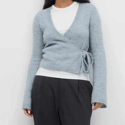 Frauen Krawatte Vorne Wrap Strickjacke Tops Y2K Einfarbig V-ausschnitt Langarm Crop Knit Pullover Casual Winter Herbst Kleidung So ist Leben