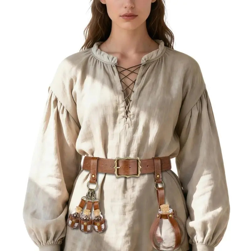 652F Mittelalterliches Knightes-Kostüm, Halloween-Pirat, Cosplay-Kostüm, Renaissance-Kostüm, Zubehör, Ledergürtel, Korkflasche So ist Leben
