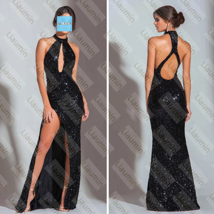 Schwarzes Pailletten-Abschlussballkleid mit seitlichen Ausschnitten und hohem Schlitz, langes Hochzeitskleid für formelle Anlässe, rückenfrei, maßgeschneidert, A6-1.1 So ist Leben