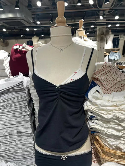 Weißes, ärmelloses Tanktop mit Spitzenbesatz für Damen, lässig, weiche Baumwolle, V-Ausschnitt, schmal geschnittene Westen, Vintage, süß, süß, Preppy-Stil, Camis So ist Leben