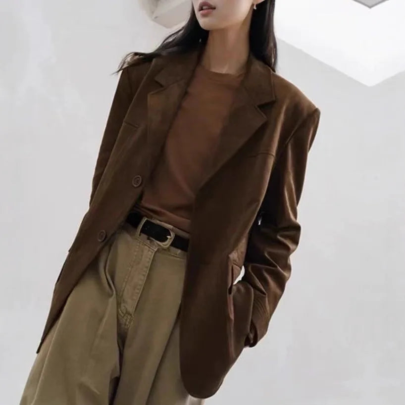 Dunkelbraune Damen-Anzugjacke aus Wildleder, amerikanischer Retro-Stil, lässige Mode, gestricktes Polyester, mittelverdickter Langarmmantel So ist Leben