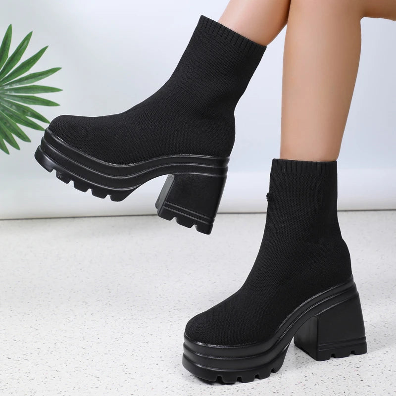 Damen Stiefeletten Mode Plateauschuhe Blockabsätze Damenstiefel Einfarbige Damen Pumps Sexy Lederstiefel Karree Botas So ist Leben