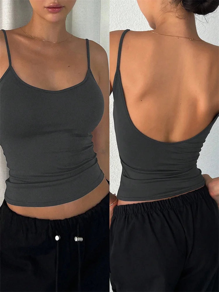 Frauen Backless Cami Crop Top Sommer Einfarbig Casual Ärmelloses Top Streetwear Y2K Kleidung So ist Leben