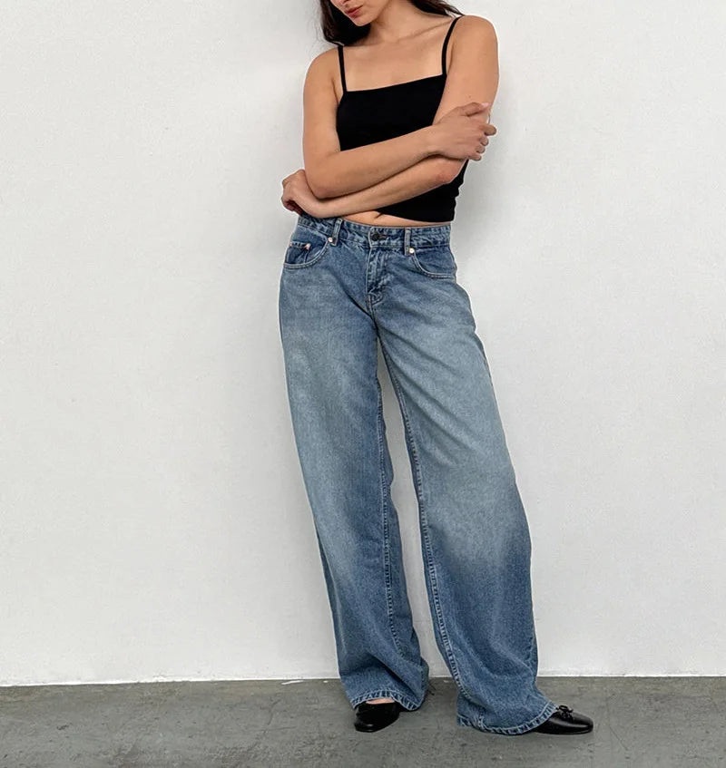 Retro Amerikanische Low-Waist Jeans ohne Stretch, Gerades Bein, Damen-Herbstmode, Weites Bein, Frischer Süßer Stil, Baumwolle So ist Leben