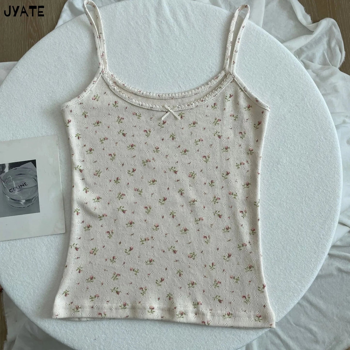 Süße Blumendruck Öse Schleife abgeschnittene Westen Frauen Baumwolle beiläufige dünne Spitzenbesatz Tank Tops Vintage Adrette süße Leibchen Y2K So ist Leben