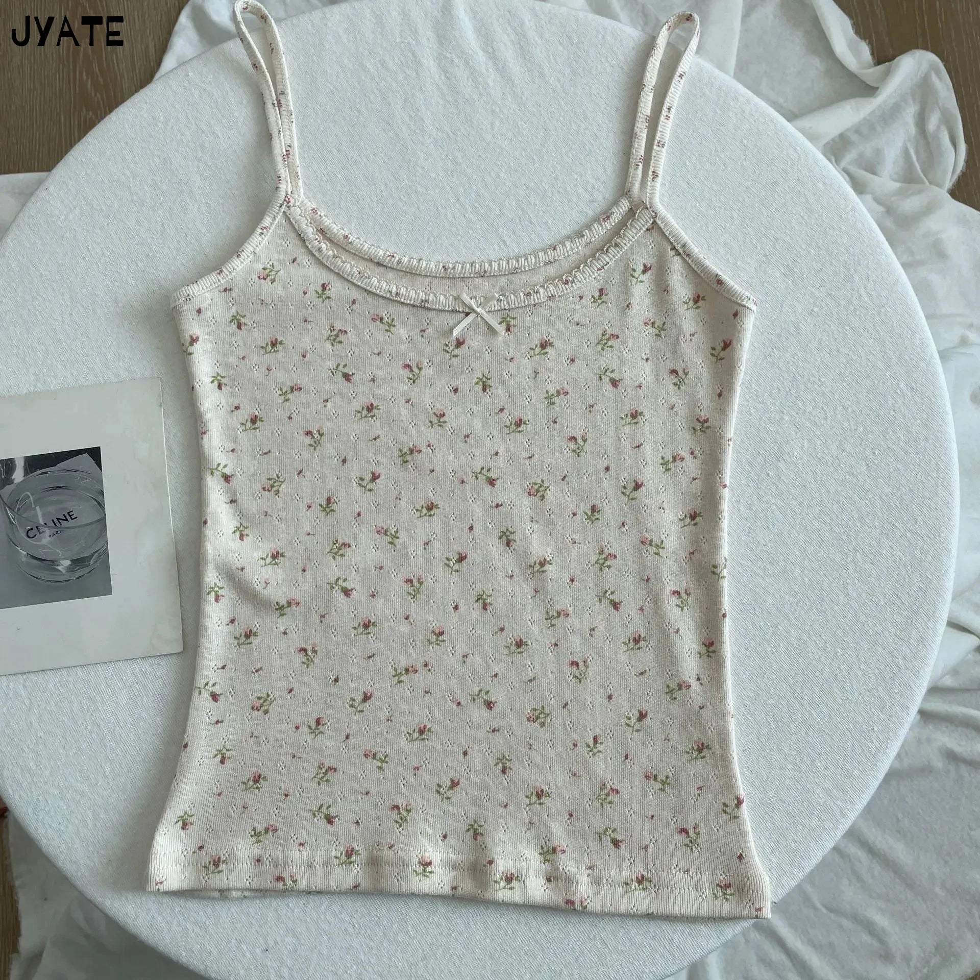Süße Blumendruck Öse Schleife abgeschnittene Westen Frauen Baumwolle beiläufige dünne Spitzenbesatz Tank Tops Vintage Adrette süße Leibchen Y2K So ist Leben
