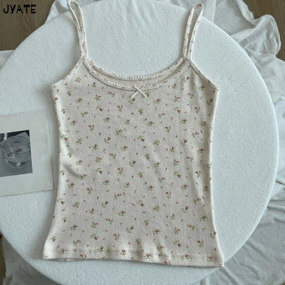 Süße Blumendruck Öse Schleife abgeschnittene Westen Frauen Baumwolle beiläufige dünne Spitzenbesatz Tank Tops Vintage Adrette süße Leibchen Y2K So ist Leben