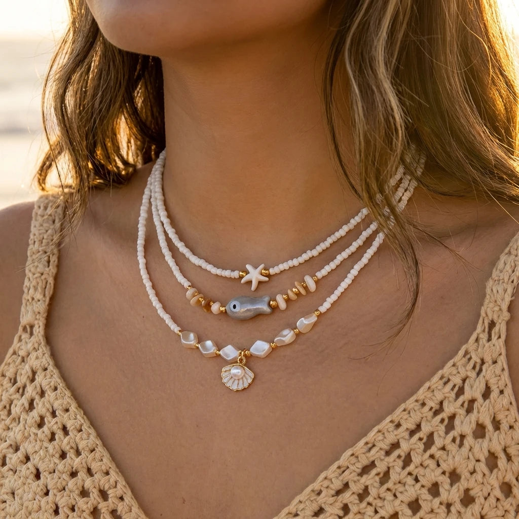 Böhmische Vintage Muschel Seestern Schildkröte Mehrschichtige Halskette für Frauen Ethnische Handgemachte Blaue Perlenketten Sommer Strand Schmuck So ist Leben