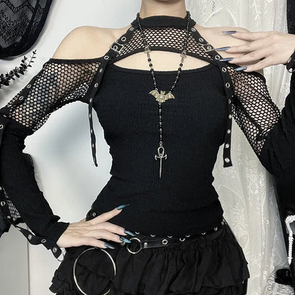 Goth Dark Punk Grunge Fishnet Patchwork Off Schulter T-shirts Trim Mais Strap Halter Tops Herbst Mall Gothic Streetwear T-shirt So ist Leben