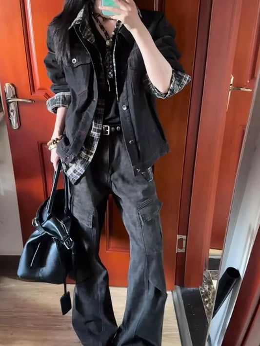 Ästhetik Mantel Goth Punk Vintage Denim Shirt Y2k 2000er Jahre High Street Harajuku Button Plaid Basics Hot Girl Grunge Emo Jacke Chic So ist Leben