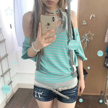 Koreanische süße gestreifte Fake-Two-Tops für Damen, schulterfrei, Vintage, amerikanischer Stil, kurzärmelig, schick, lässig, für den Alltag, Sommer-T-Shirts So ist Leben
