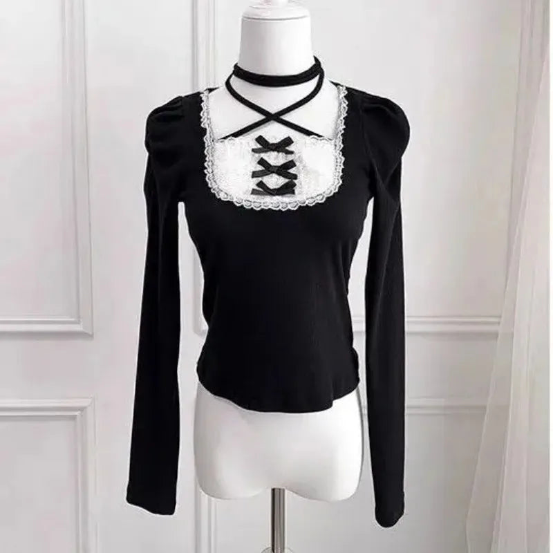 Herbst Französisch Elegante Sexy Coquette Tops frauen Y2k Elegante Streetwear T Shirt Bogen Spitze Patchwork Schlank Süße Tees So ist Leben
