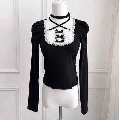 Herbst Französisch Elegante Sexy Coquette Tops frauen Y2k Elegante Streetwear T Shirt Bogen Spitze Patchwork Schlank Süße Tees So ist Leben