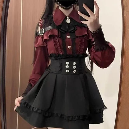Gothic Lolita Zweiteiler Damen – Modernes A‑Linien Set - So ist Leben