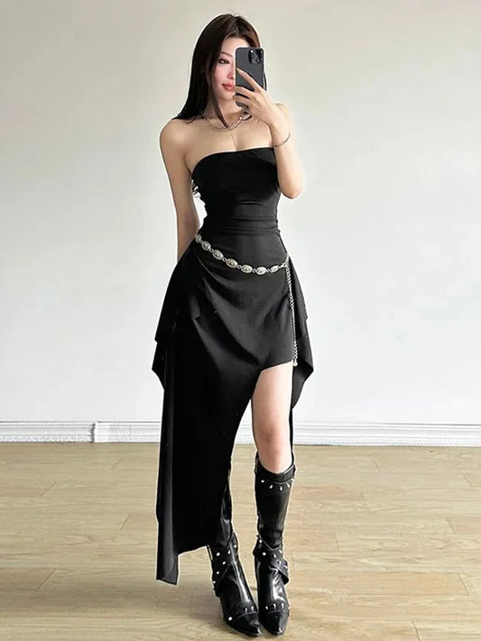 Y2K Unregelmäßige Schwarz Midi Kleid Frauen Mode Party Schlank Brust Wrapping Kleider Sexy Off Schulter Schlitz Weibliche Vestidos Neue So ist Leben
