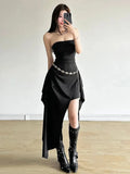 Y2K Unregelmäßige Schwarz Midi Kleid Frauen Mode Party Schlank Brust Wrapping Kleider Sexy Off Schulter Schlitz Weibliche Vestidos Neue So ist Leben