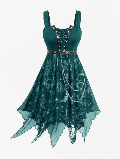ROSEGAL Plus Size Sun Moon Star Gothic Kleider Vestidos Damen Schnür-Tülle ärmelloses Midikleid mit Gürtel und Kette So ist Leben
