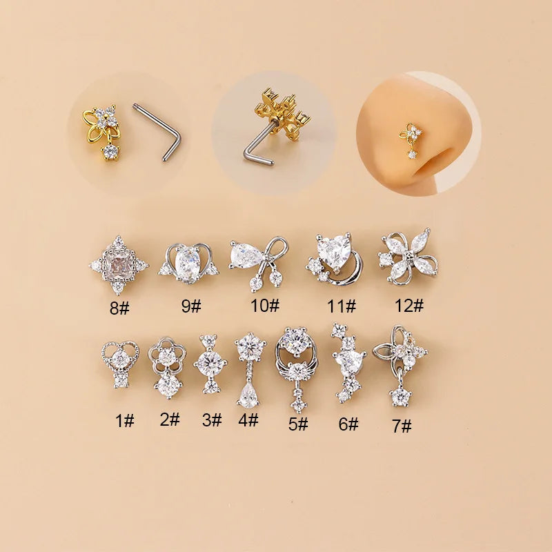 20G L-förmiger Kubischer Zirkonia Nasenstecker, Chirurgischer 316L Edelstahl Nasen-Lippen-Ohr-Piercing-Schmuck für Frauen Mädchen Trendig So ist Leben