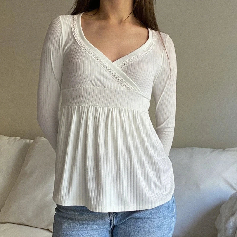 Frauen Fee Y2k Cottage T-shirt Kokette V-ausschnitt Langarm Babydoll Tees Herbst Frühling Casual Pullover Tops Vintage Kleidung So ist Leben