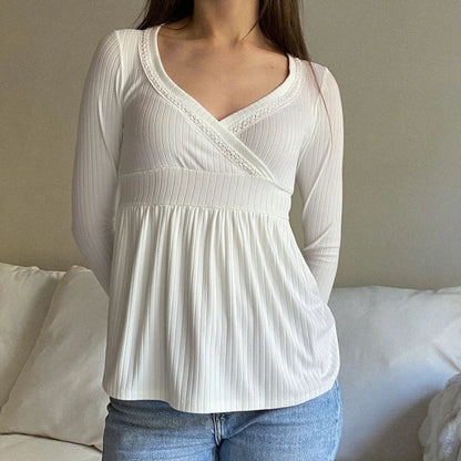 Frauen Fee Y2k Cottage T-shirt Kokette V-ausschnitt Langarm Babydoll Tees Herbst Frühling Casual Pullover Tops Vintage Kleidung So ist Leben