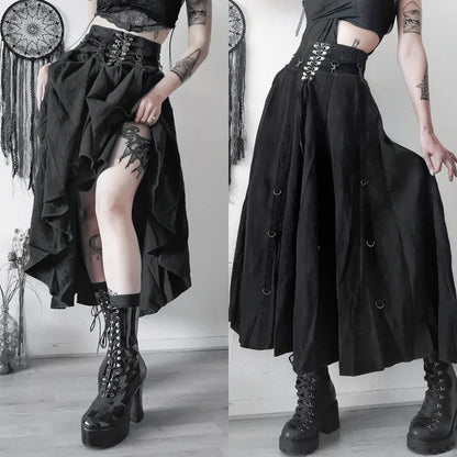 Goth Dark Acubi Mode Schwarz Swing A-linie Rock Punk Grunge Metall Schnalle Streetwear Frauen Bandage Röcke Mall Gothic Alt Tuch So ist Leben