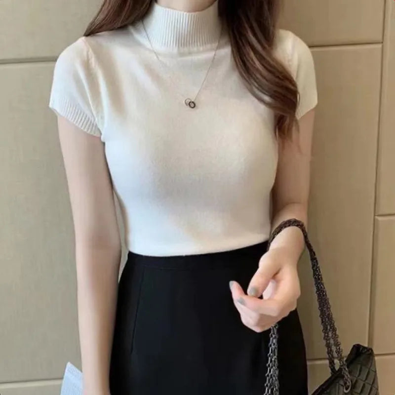 2025, mode Frau Pullover Kurzarm Herbst Tops Frauen Rollkragen Gestrickte Pullover Koreanischen Stil Elegante Feste Dünne Tops So ist Leben