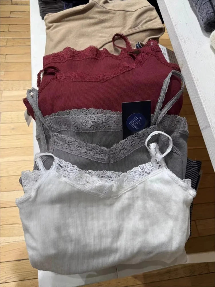 Geripptes Spitzenbesatz Slim Tank Top Damen Sommer Einfarbig Niedliches V-Ausschnitt Baumwoll-Camisole Weibliches Lässiges Einfaches Allround-Basic-Top Y2k Oberteile So ist Leben