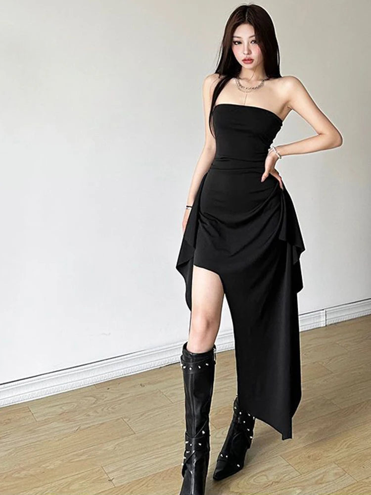 Y2K Unregelmäßige Schwarz Midi Kleid Frauen Mode Party Schlank Brust Wrapping Kleider Sexy Off Schulter Schlitz Weibliche Vestidos Neue So ist Leben