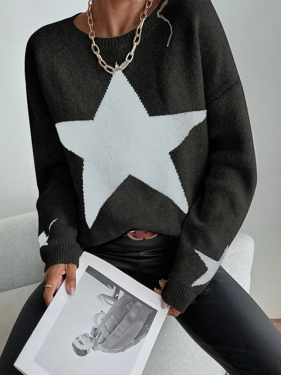 Stern Pullover Pullover Frauen Herbst Frühling Einfache Strick Elastische Pullover Jumper Casual Dicke Warme Schwarz Weiß Grundlegendes Jumper So ist Leben