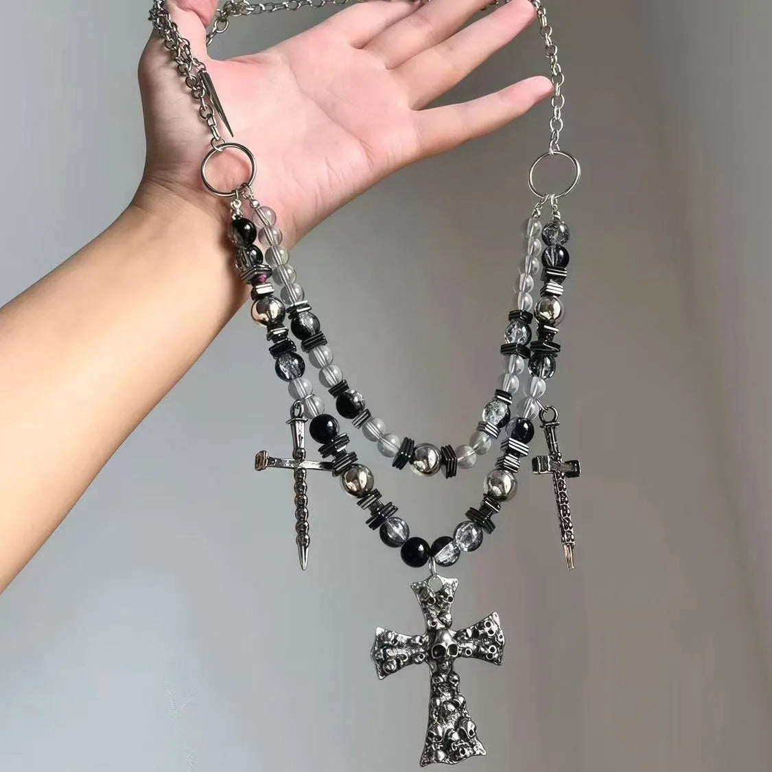 Punk Schwergewicht Totenkopf Kreuz Anhänger Halskette Gothic Dunkler Stil Niete Perlen Schmuck Umhängetasche Accessoire Glasperle Personalisiert So ist Leben
