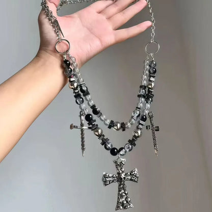 Punk Schwergewicht Totenkopf Kreuz Anhänger Halskette Gothic Dunkler Stil Niete Perlen Schmuck Umhängetasche Accessoire Glasperle Personalisiert So ist Leben
