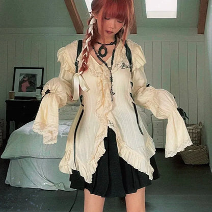 Karrram Y2K Ästhetik Spitze Hemd Grunge Gothic unregelmäßige Blusen Fee Harajuku Bandage Shirt Vintage Lolita Kleidung Einkaufs zentrum Goth - So ist Leben