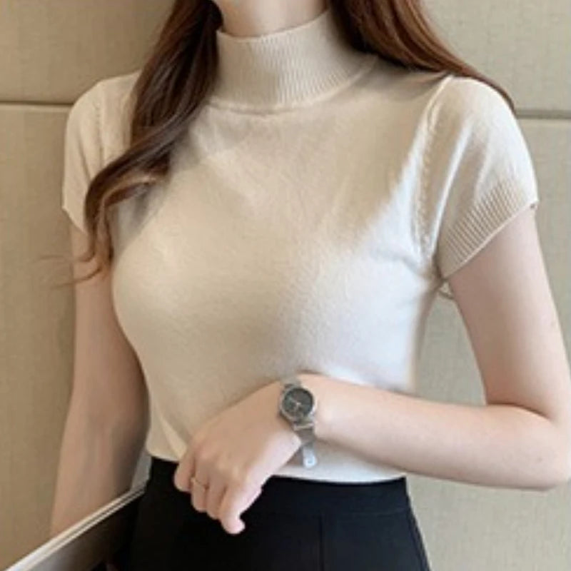 2025, mode Frau Pullover Kurzarm Herbst Tops Frauen Rollkragen Gestrickte Pullover Koreanischen Stil Elegante Feste Dünne Tops So ist Leben