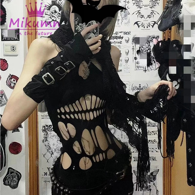 Punk Rock Sexy Cut Out Ärmellose Camis Tank Top Y2k Harajuku Gothic Frauen Elastische Hosenträger Mesh Leibchen Chic Streetwear So ist Leben