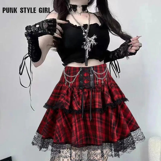 Plaid Print Subkulturen Punk Rock Y2k Mini Rock Hohe Taille Rüschen Kuchen Spitze Up Harajuku Gothic 2000er Jahre Ballkleid röcke für Frauen So ist Leben
