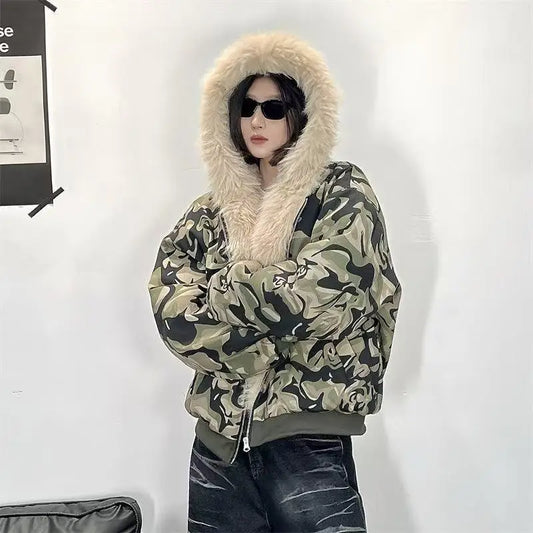 Y2K Winter Neue Blaue Plüsch Baumwolle Gefütterte Jacke Unisex Amerikanische High Street Kapuzenjacke Verdickte Paare Casual Mantel So ist Leben