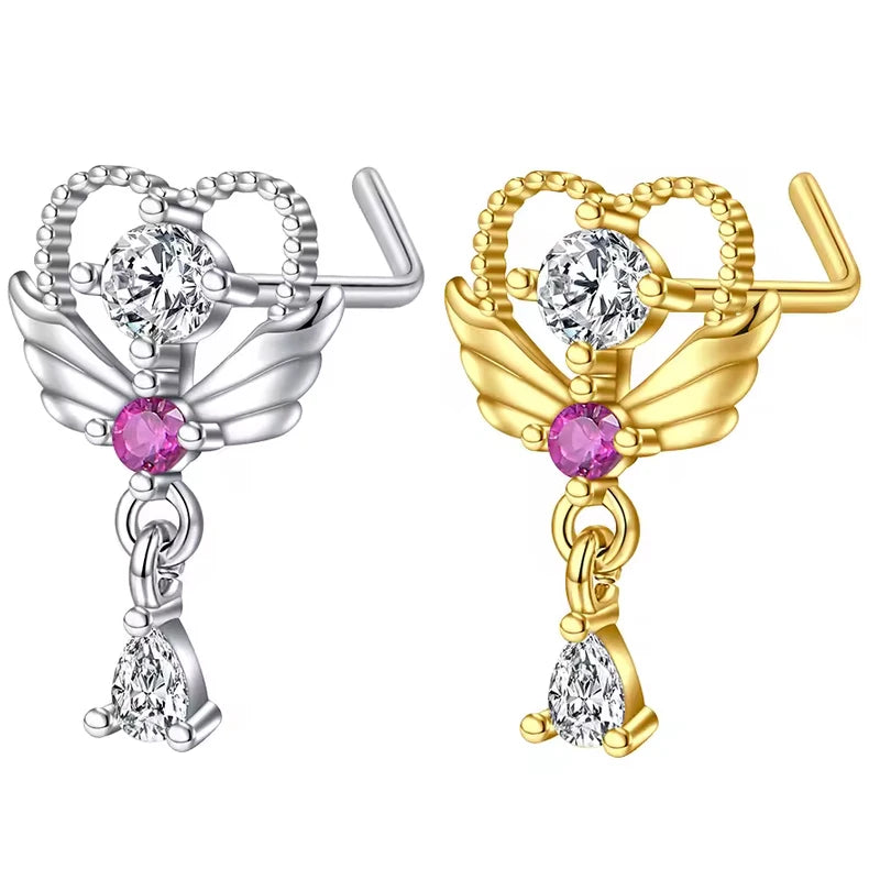 Damen L-förmiger Nasenring, hängender Nasenpiercing aus Edelstahl+Kupfer, gebogener Ring mit Schmetterlingsanhänger, Nasenschmuck 20G So ist Leben