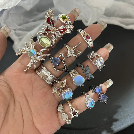 Y2K Kristall Ringe Kpop Herz Einstellbare Ring Unregelmäßige Geometrie Punk Vintage Ringe Set für Frauen Mädchen Neue Mode Schmuck So ist Leben
