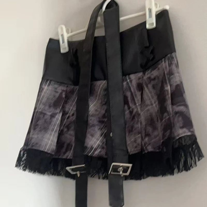 Japanischer Gothic-Lolita-Stil Rock-Sets für Damen, Vintage-Flare-Ärmel, schmales Hemd, dunkler Druck, plissierte Miniröcke, Y2K-Outfits für Frauen So ist Leben